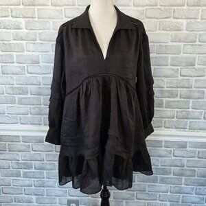 & Other Stories Black Ramie Pintuck Babydoll Mini Dress Whimsigoth Minimalist S